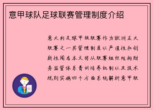 意甲球队足球联赛管理制度介绍